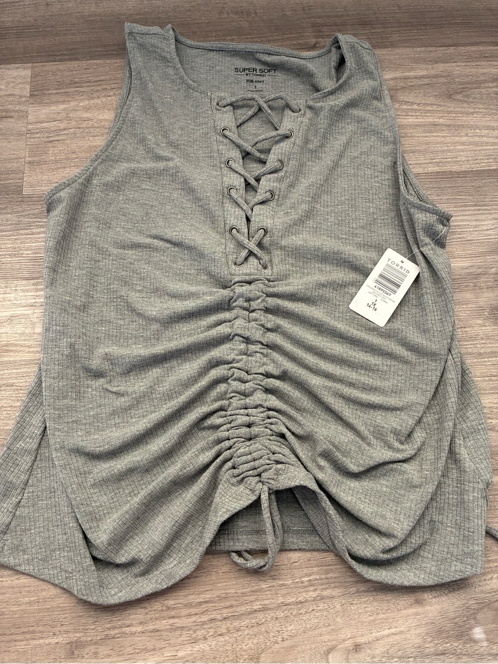 torrid Gray Lace-Up Ruched Ribbed Tank Top